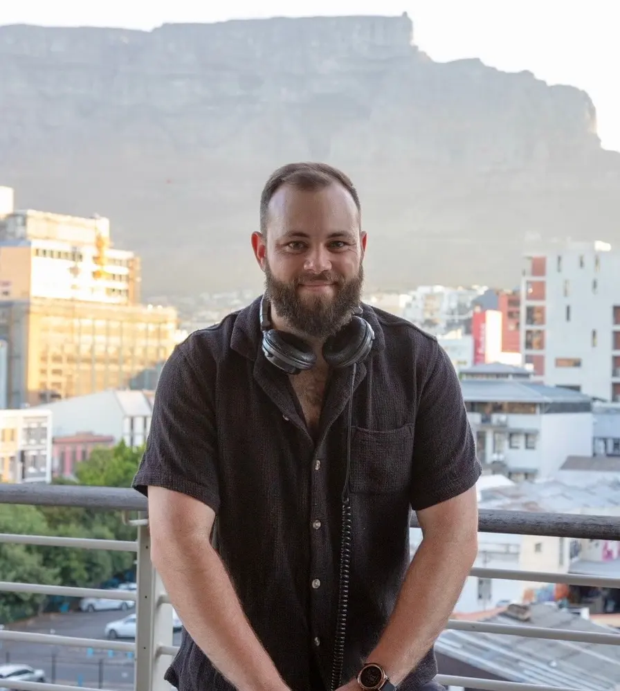Russ at the decks with Table Mountain behind him