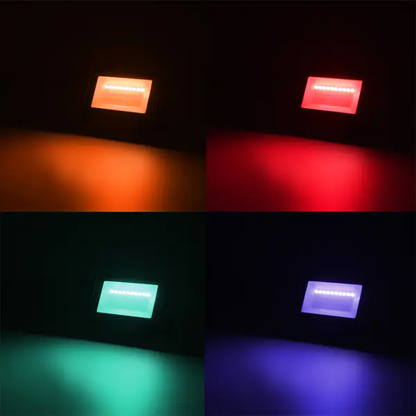 Four RGB flood lights washing orange, red, green and violet light