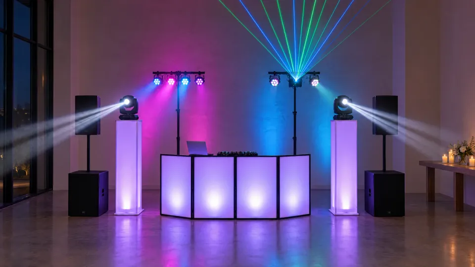 Dance floor setup: speakers on subwoofers, moving heads on two lit totems, a backlit DJ facade, PAR lights and a laser